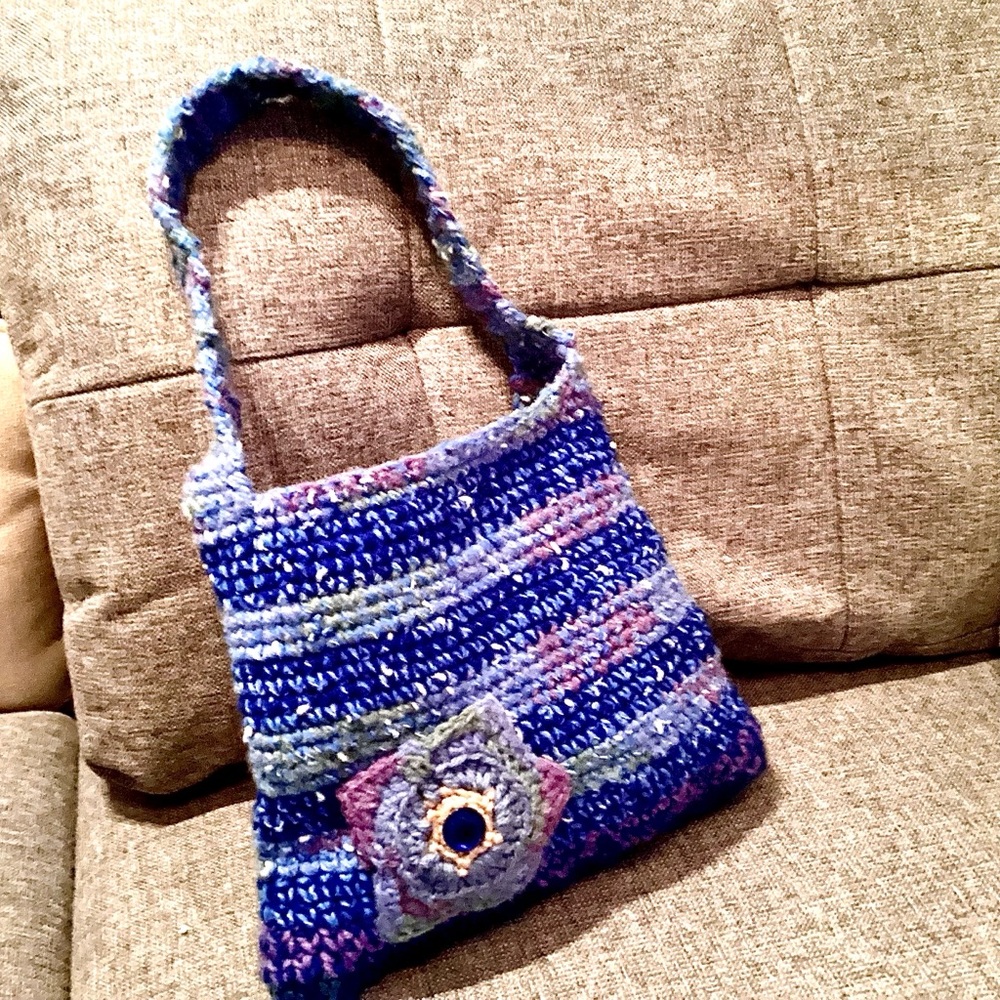 Crocheted Purse  Multi Blue with White Specs Color Bag